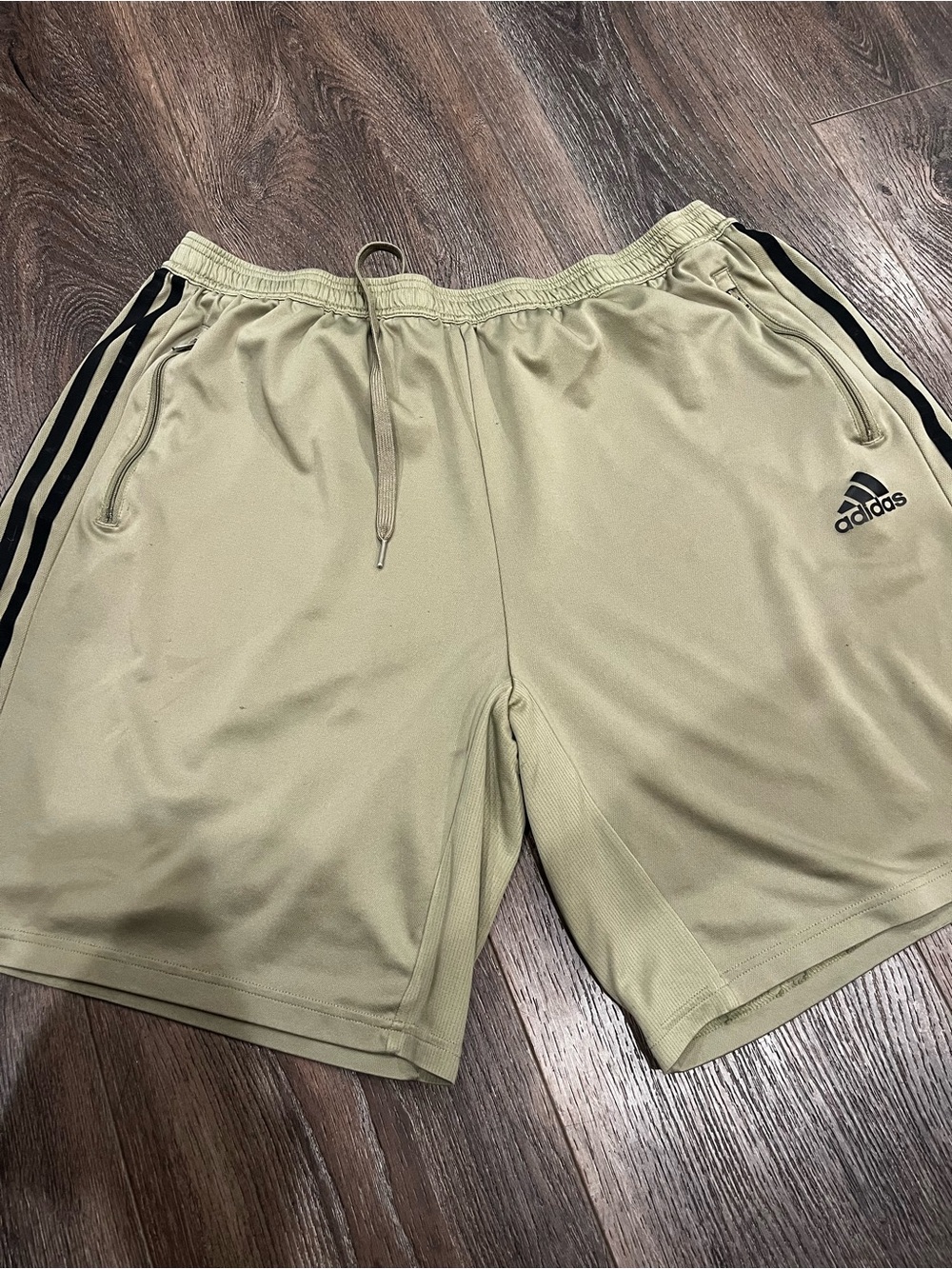 adidas Men's Olive Green Athletic Shorts with Black Stripes 55